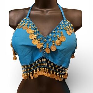 Blue Belly Dance Halter Tie Back Top with Gold Coin Accents NWT
